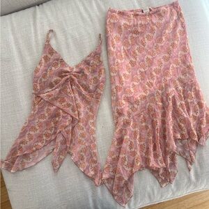 Vintage fairy hem pink orange Floral Skirt and top Set